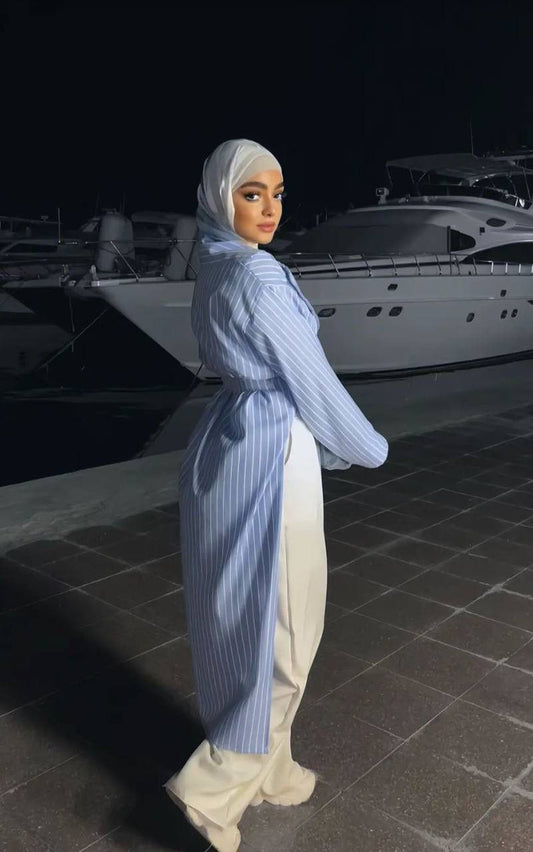 Blue Striped Wrap Long Shirt