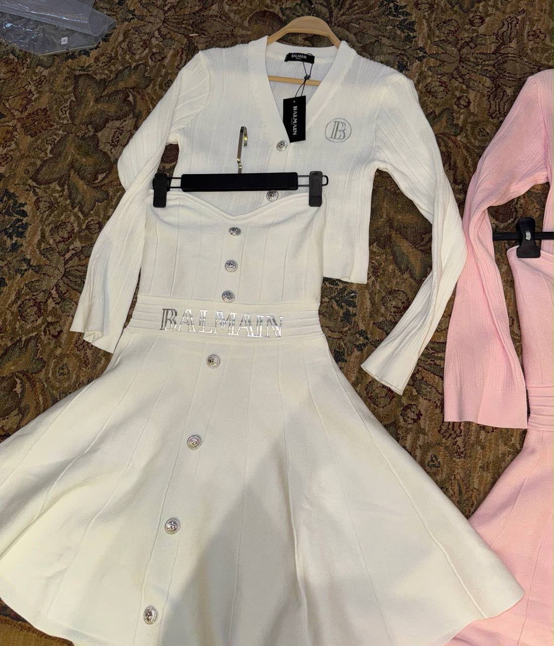 Balmain Knitted Button Cardi Dress Set in White
