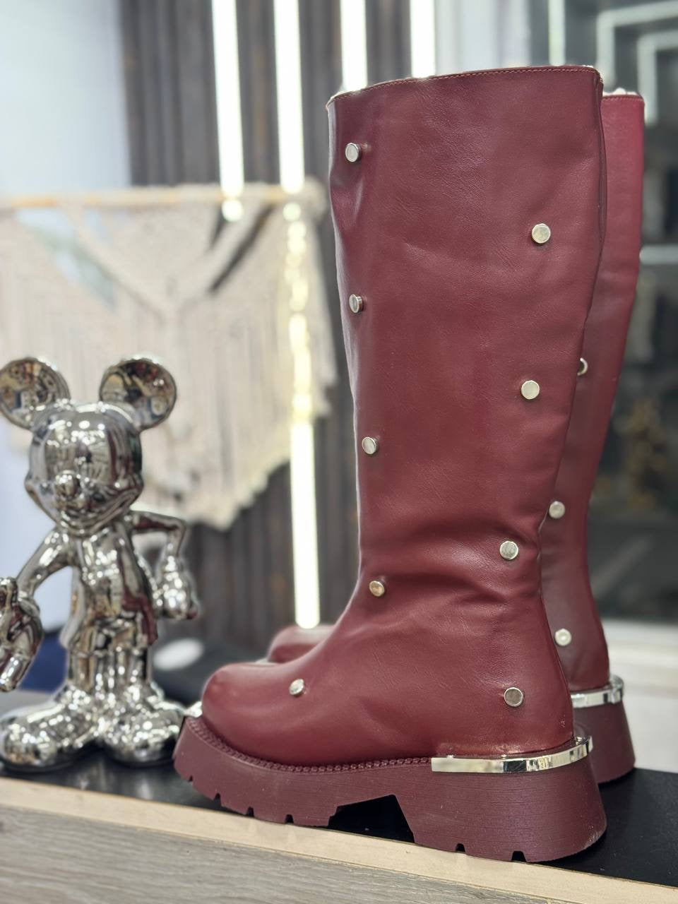 Studded Leather Mid-Calf Boots