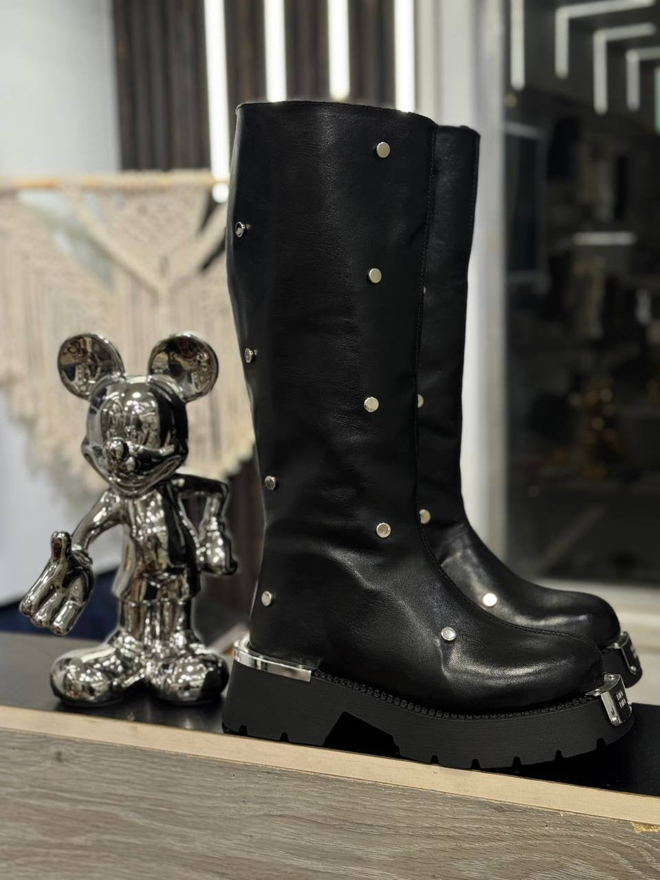 Studded Leather Mid-Calf Boots