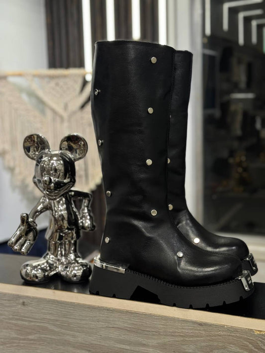 Studded Leather Mid-Calf Boots