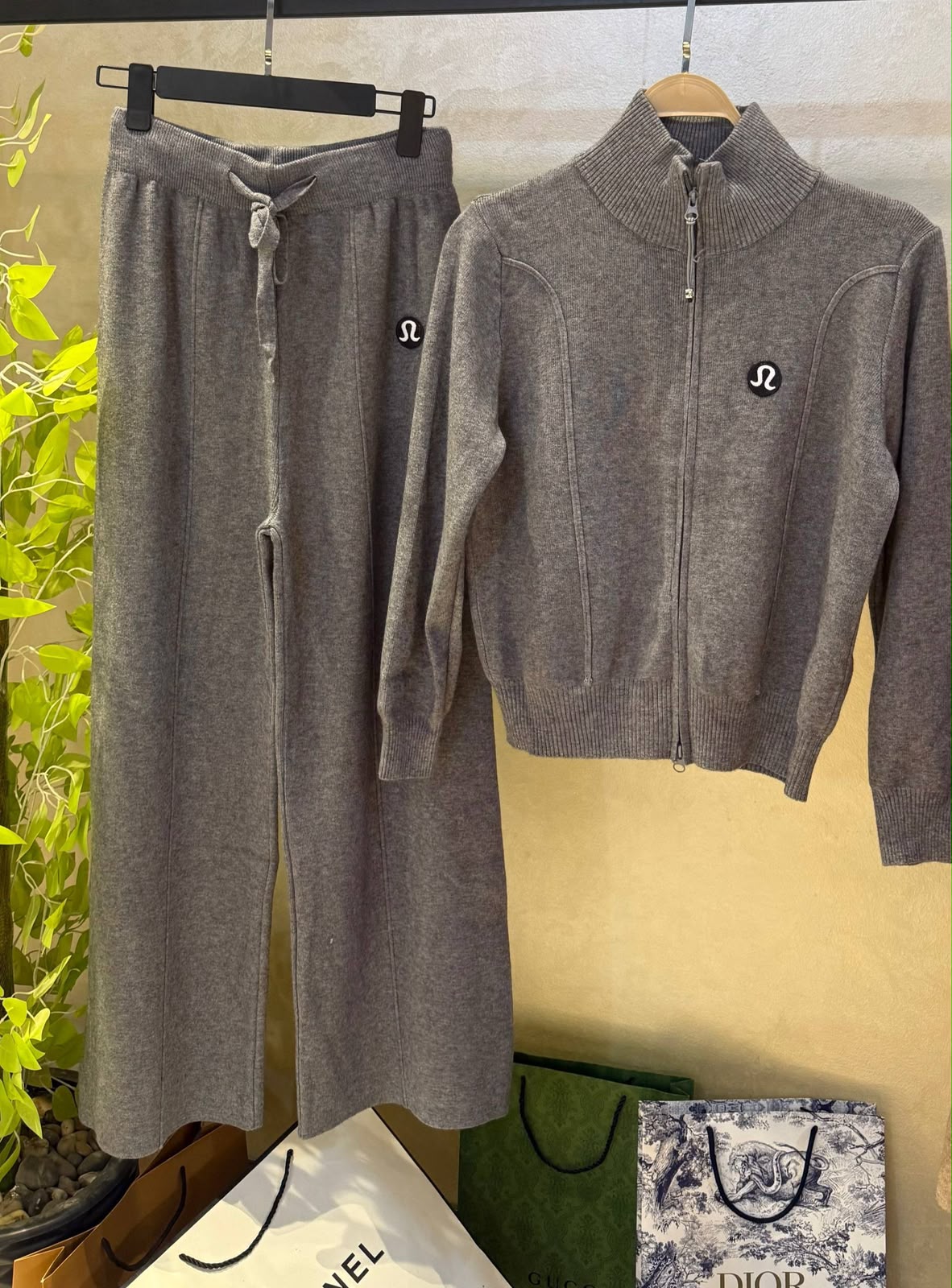 Lulue lemon knit lounge zip-up jacket and wide-leg pants sets