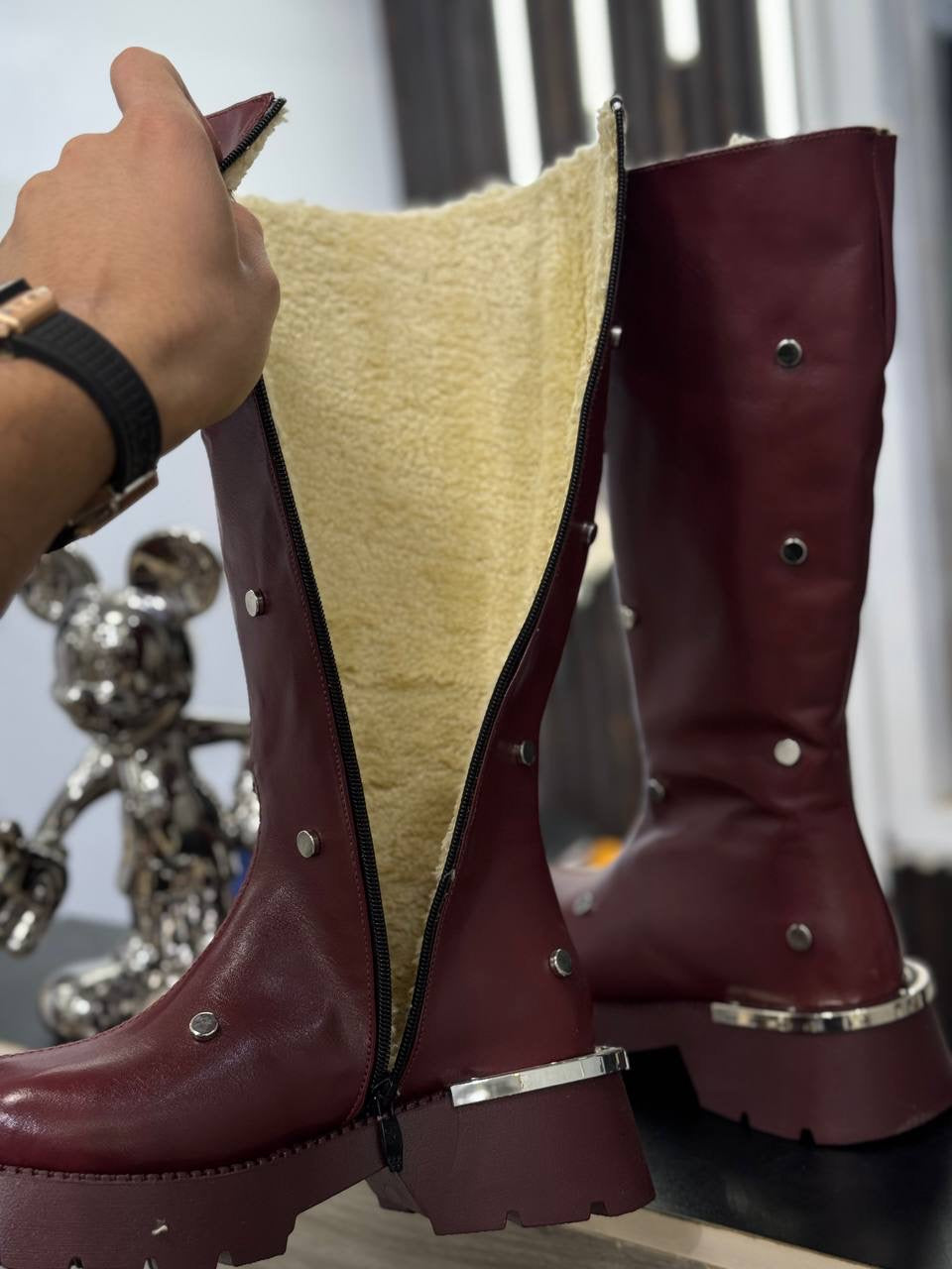 Studded Leather Mid-Calf Boots