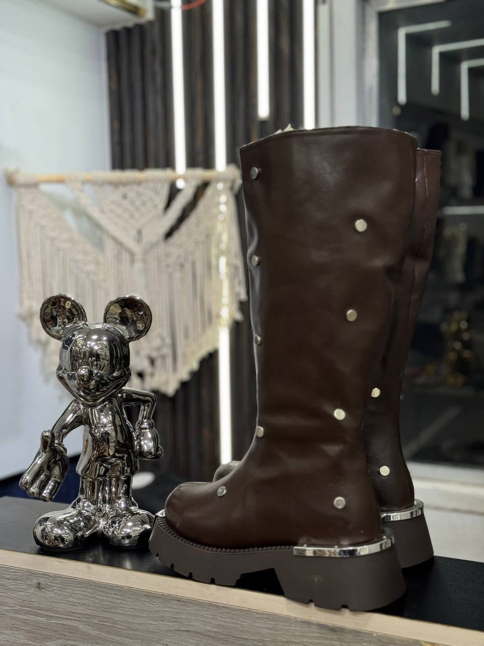 Studded Leather Mid-Calf Boots