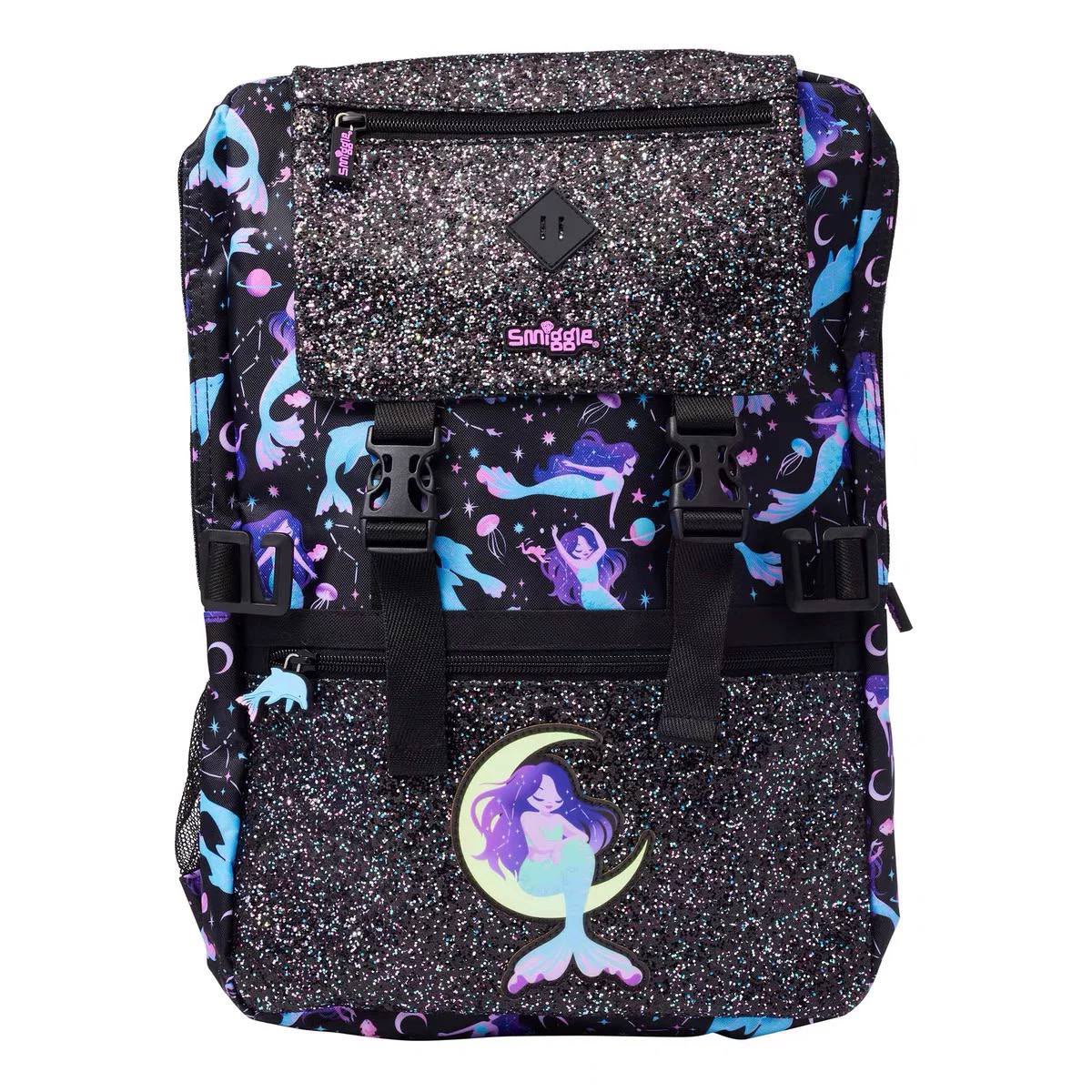 Smiggle black mermaid and moon theme Foldover 18 Backpack