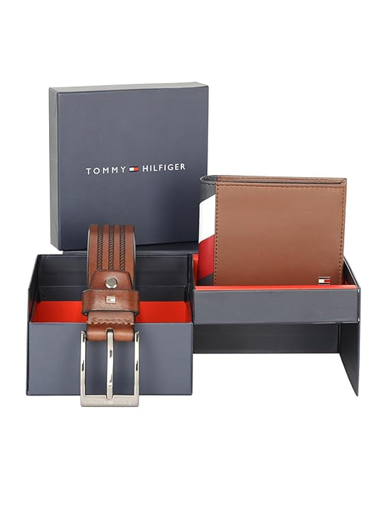 Tommy Hilfiger Cascais Free Size Belt+Wallet Gift Set for Men - Brown/Tan, Brown/Tan