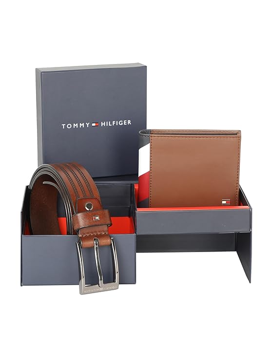 Tommy Hilfiger Cascais Free Size Belt+Wallet Gift Set for Men - Brown/Tan, Brown/Tan
