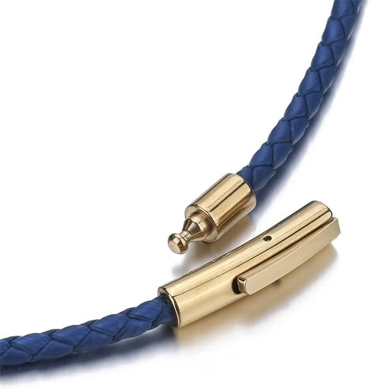 Fasio Men's and Women's 3mm Genuine Leather Necklace, Multicolor Braided Gold Stainless Steel Rope with Safety Clasp