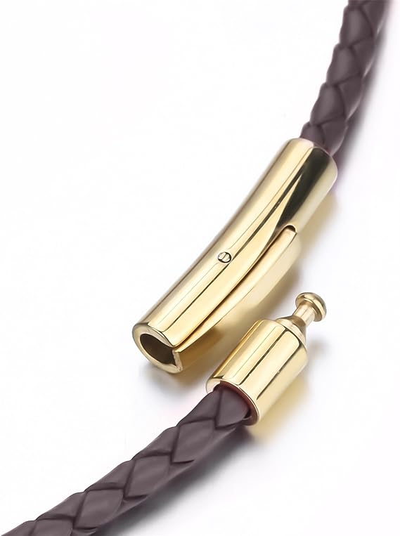 Fasio Men's and Women's 3mm Genuine Leather Necklace, Multicolor Braided Gold Stainless Steel Rope with Safety Clasp
