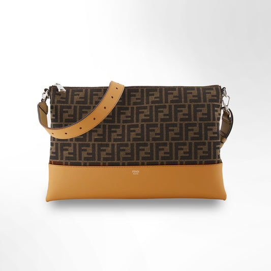 FENDI FF JACQUARD AND SMOOTH LEATHER SHOULDER BAG