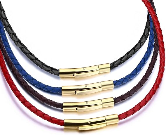 Fasio Men's and Women's 3mm Genuine Leather Necklace, Multicolor Braided Gold Stainless Steel Rope with Safety Clasp