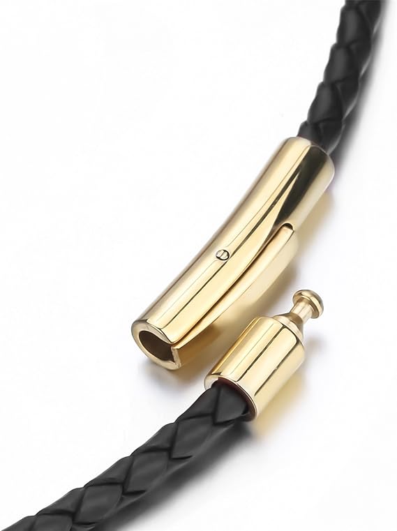 Fasio Men's and Women's 3mm Genuine Leather Necklace, Multicolor Braided Gold Stainless Steel Rope with Safety Clasp