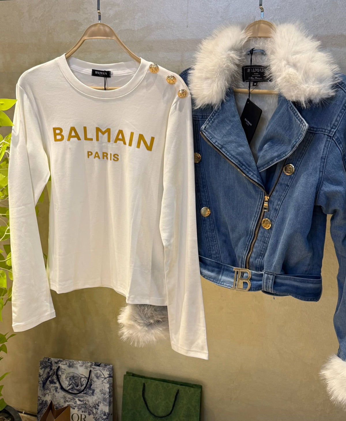 Balmain Faux Fur-Trim Denim Biker Jacket