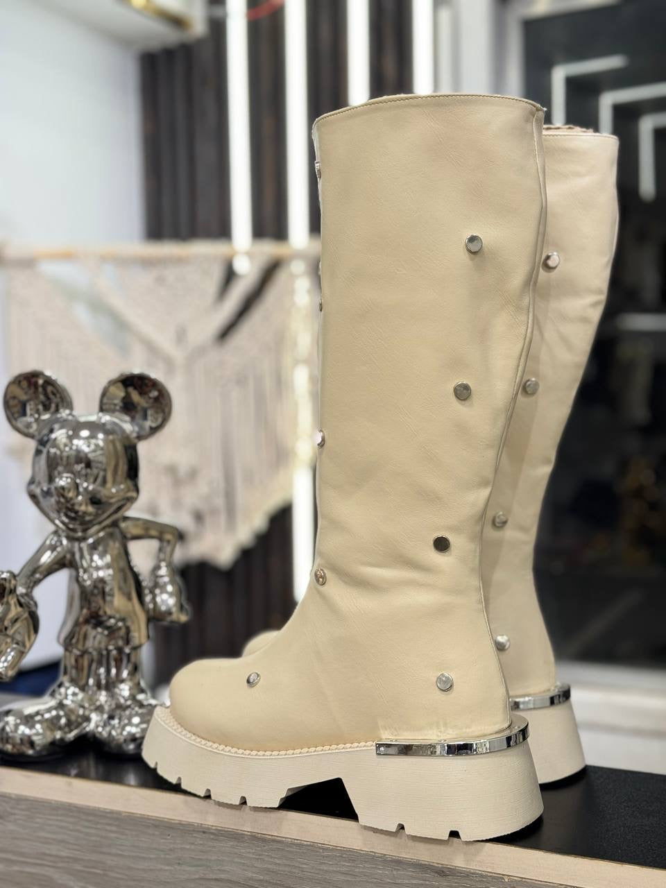 Studded Leather Mid-Calf Boots