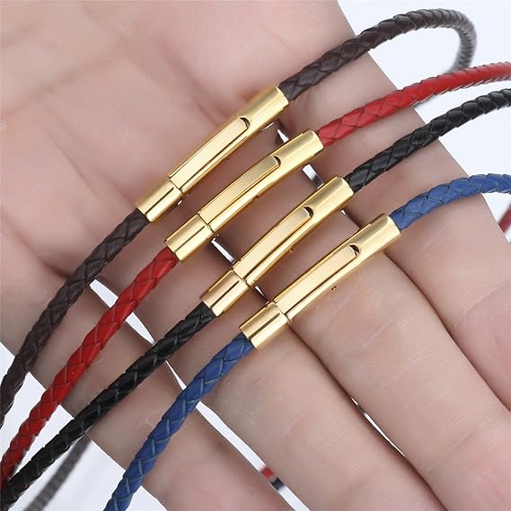 Fasio Men's and Women's 3mm Genuine Leather Necklace, Multicolor Braided Gold Stainless Steel Rope with Safety Clasp