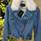 Balmain Faux Fur-Trim Denim Biker Jacket