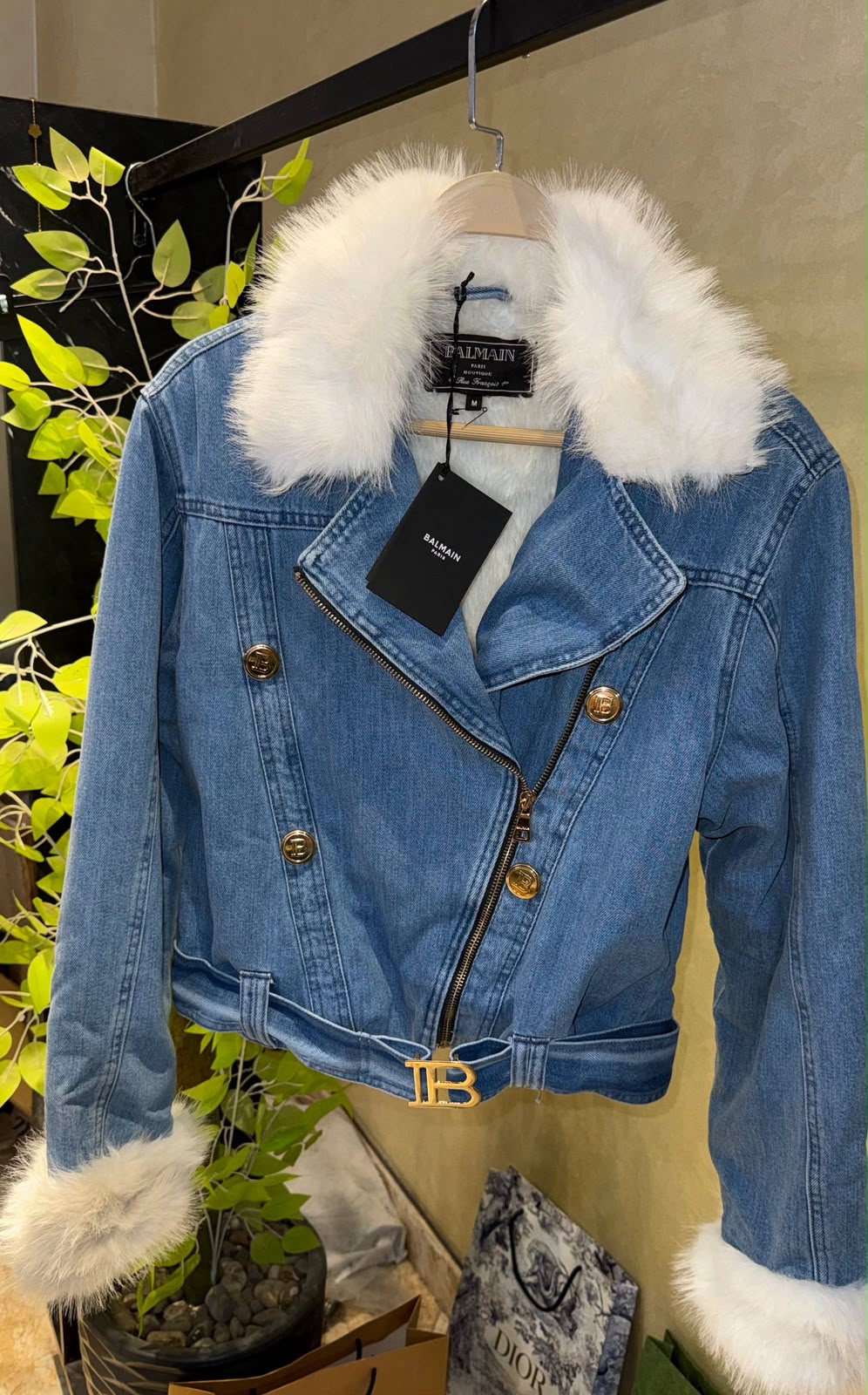 Balmain Faux Fur-Trim Denim Biker Jacket
