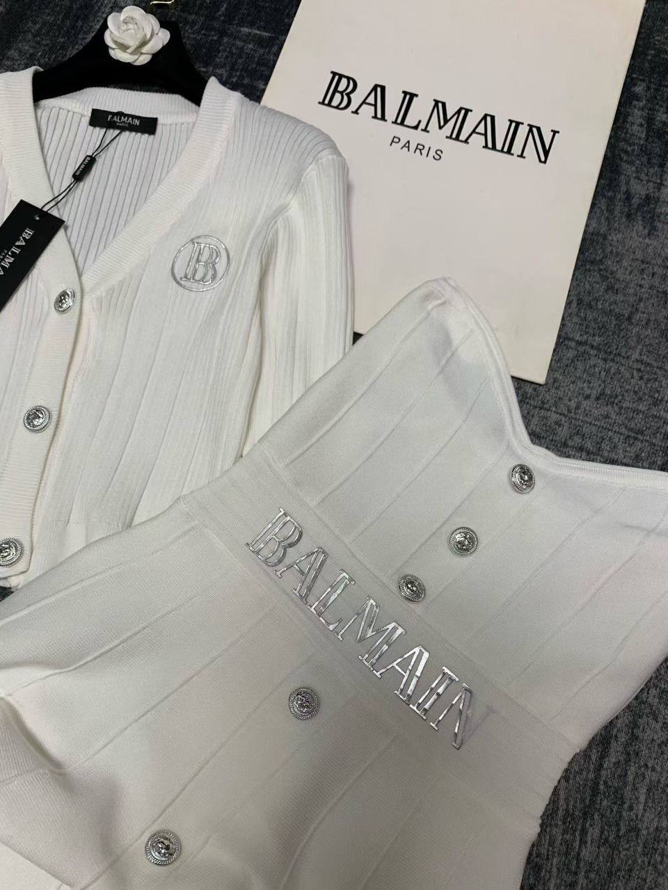 Balmain Knitted Button Cardi Dress Set in White