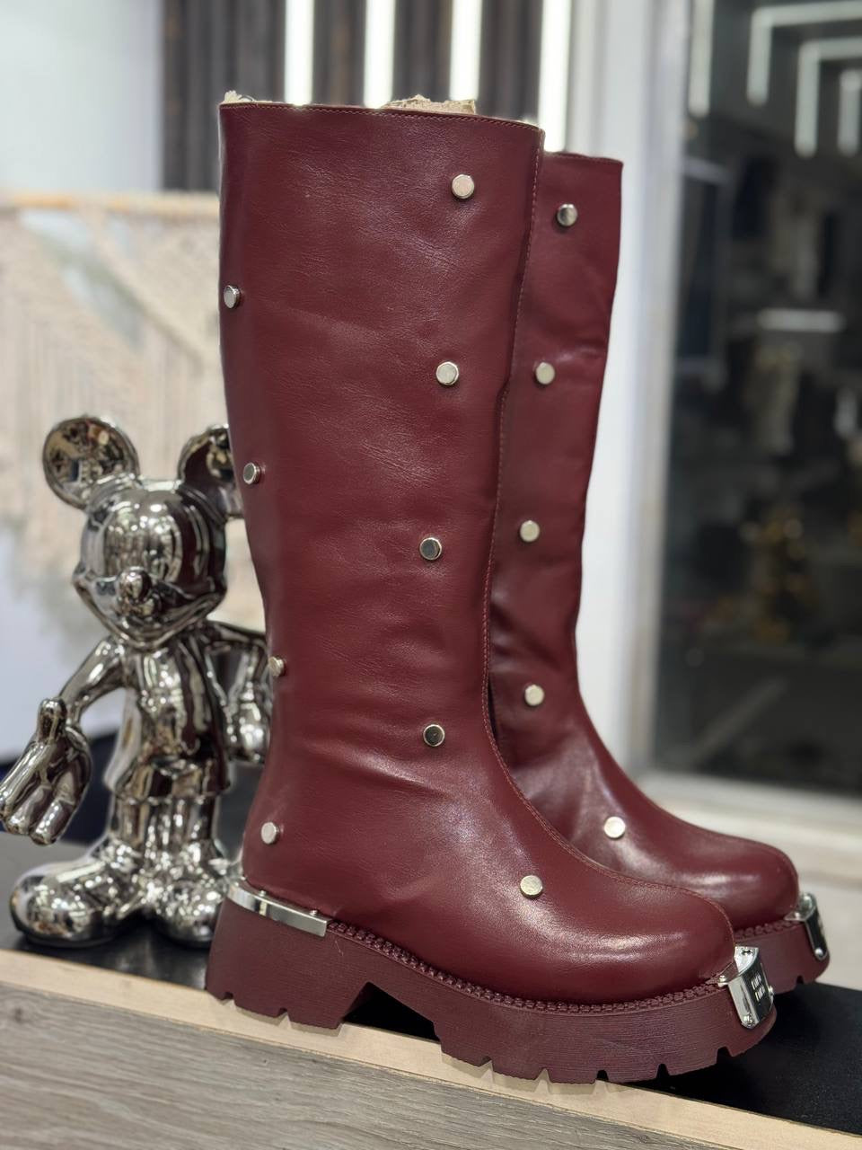 Studded Leather Mid-Calf Boots