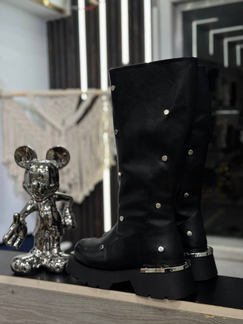 Studded Leather Mid-Calf Boots