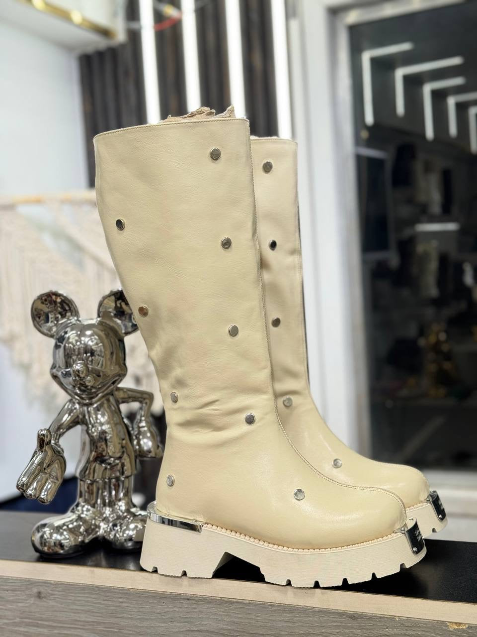 Studded Leather Mid-Calf Boots