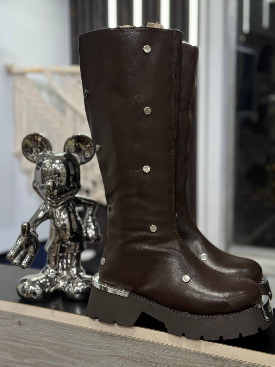 Studded Leather Mid-Calf Boots