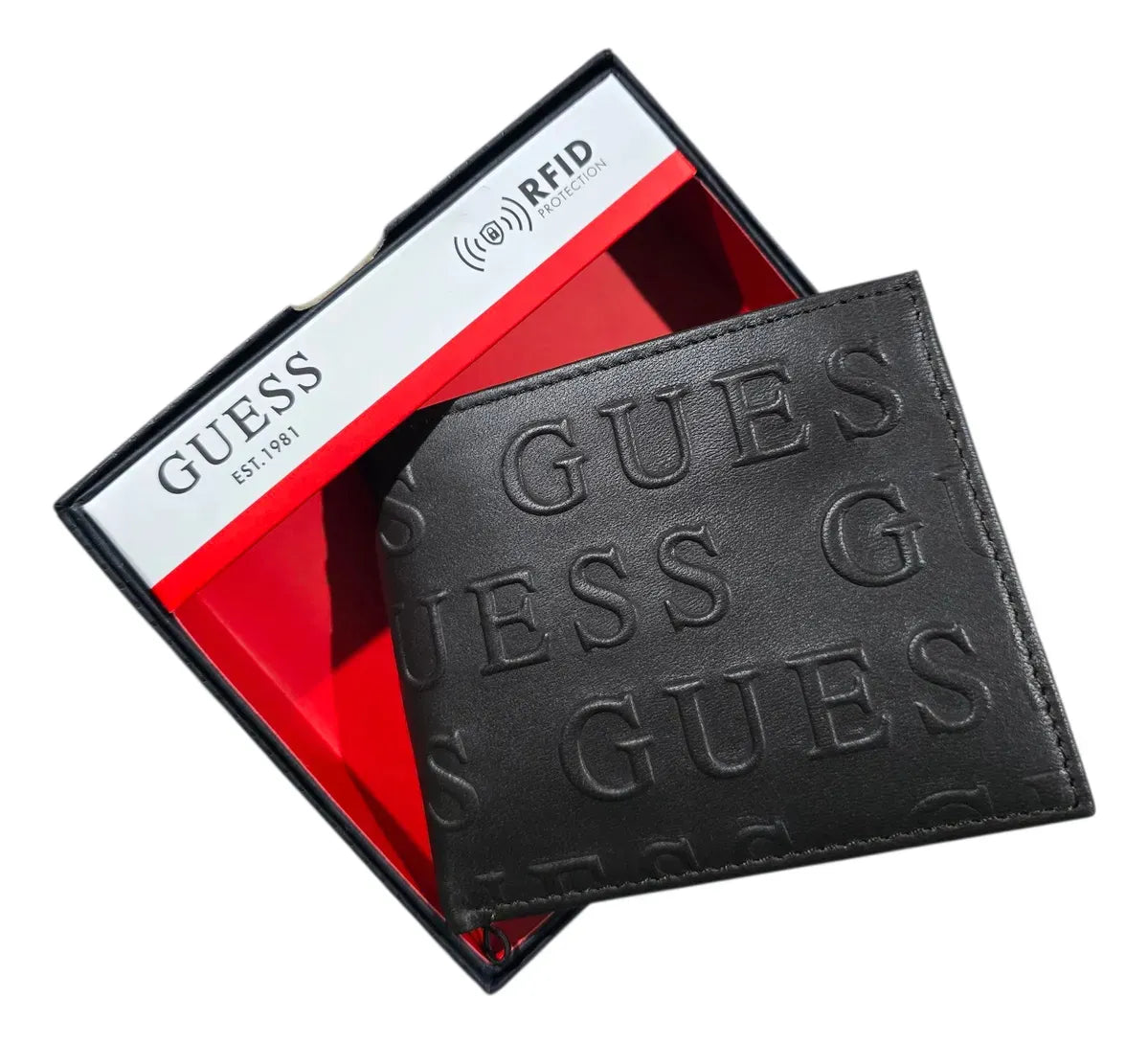 Cartera Billetera Guess Piel Hombre Con Relieve Negro