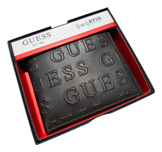 Cartera Billetera Guess Piel Hombre Con Relieve Negro