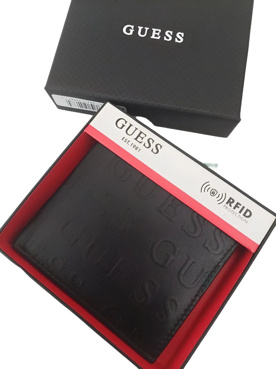 Cartera Billetera Guess Piel Hombre Con Relieve Negro