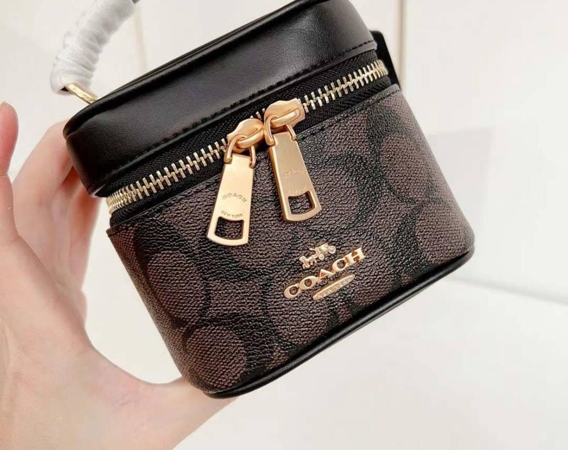 Coach AvaCrossbody Cow Leather Box Bag Shoulder Bag Crossbody Bag Handbag Small Size Women's Dark Brown & Black
