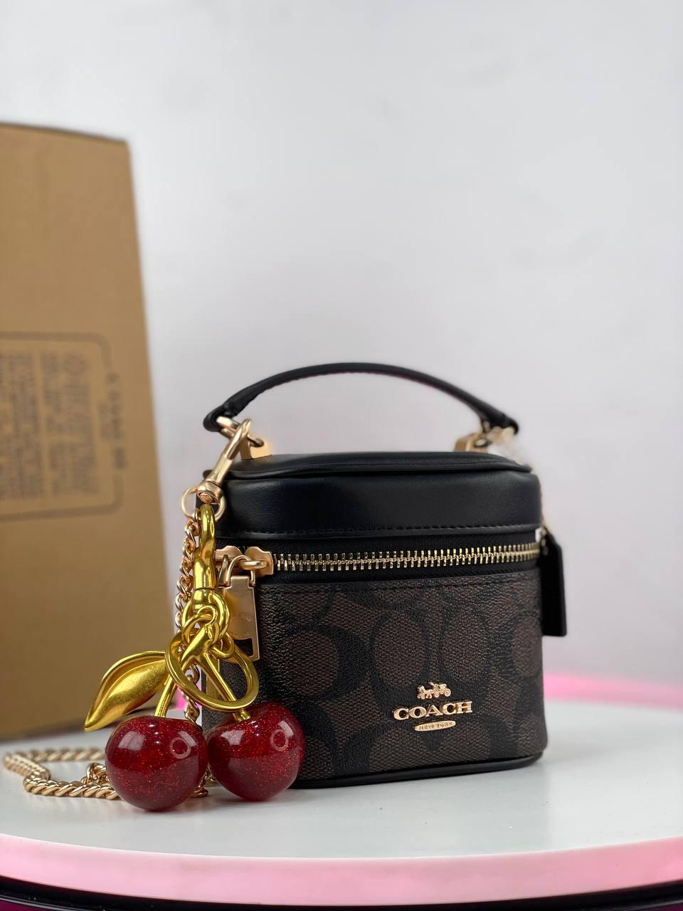 Coach AvaCrossbody Cow Leather Box Bag Shoulder Bag Crossbody Bag Handbag Small Size Women's Dark Brown & Black