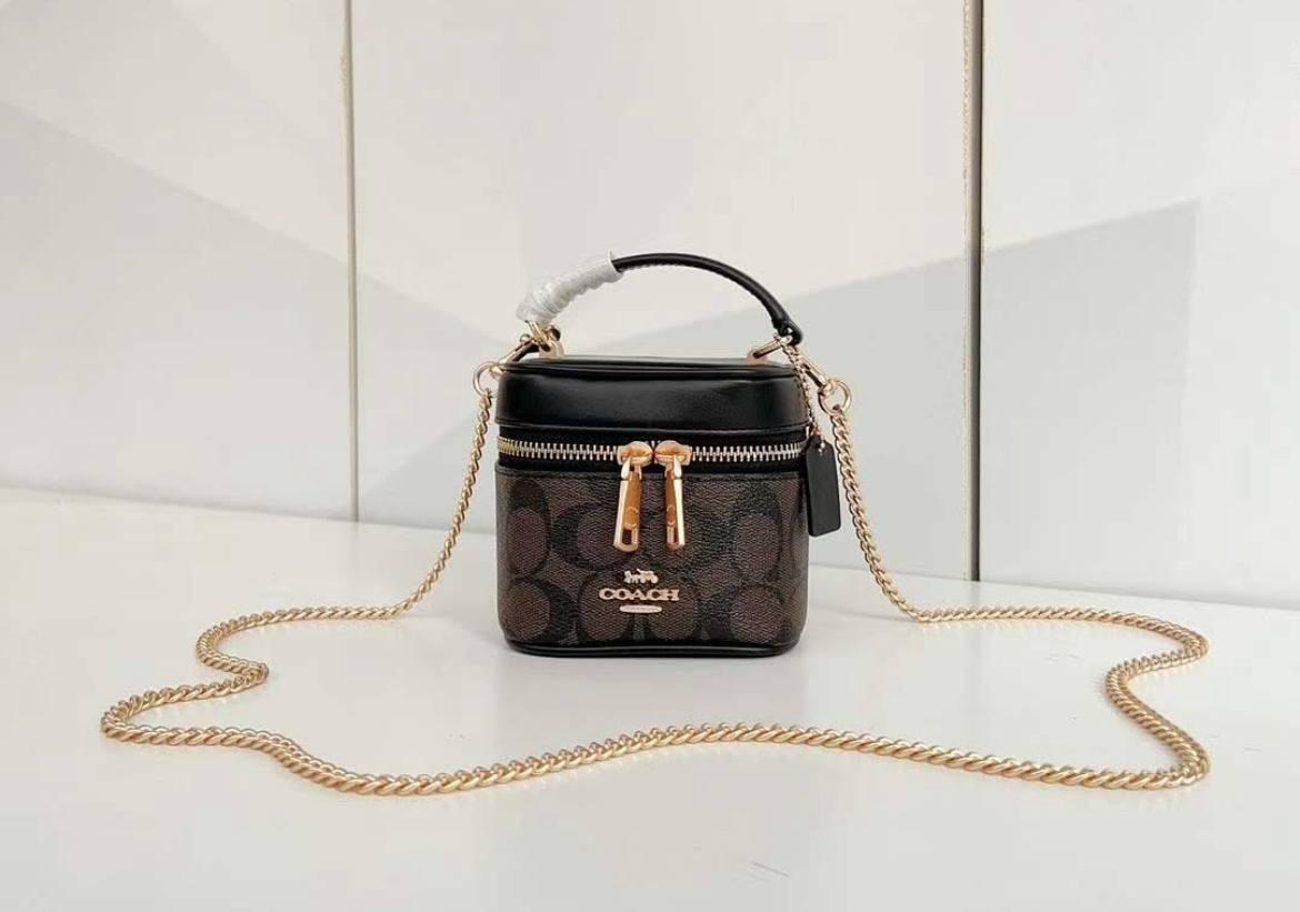 Coach AvaCrossbody Cow Leather Box Bag Shoulder Bag Crossbody Bag Handbag Small Size Women's Dark Brown & Black