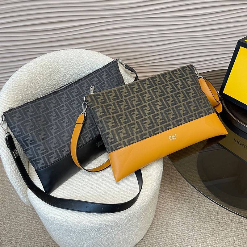 FENDI FF JACQUARD AND SMOOTH LEATHER SHOULDER BAG