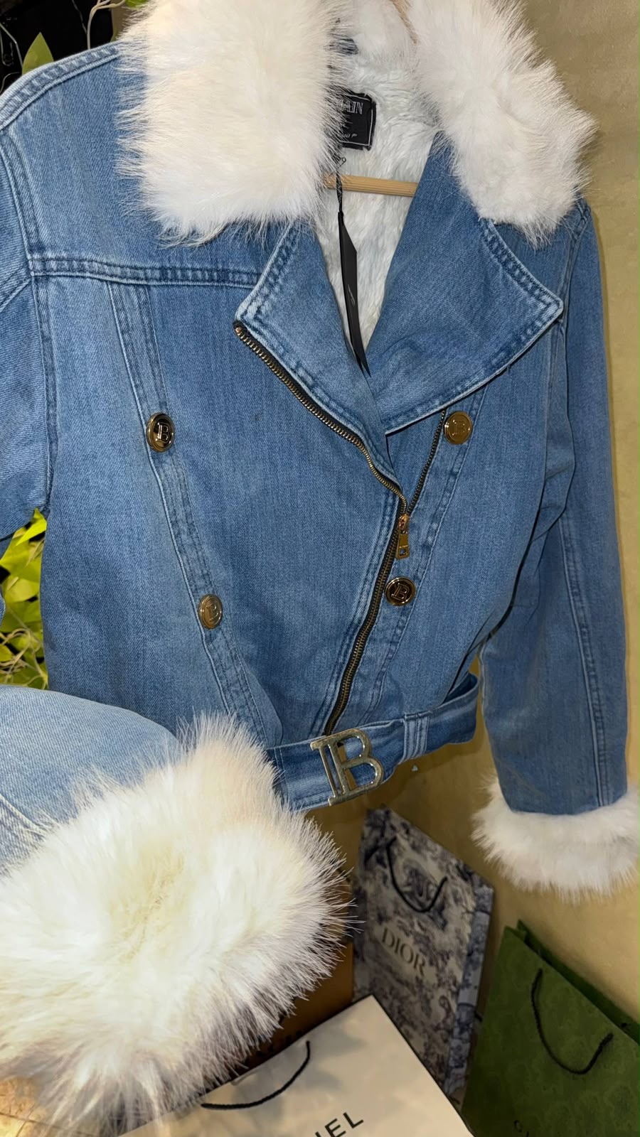 Balmain Faux Fur-Trim Denim Biker Jacket