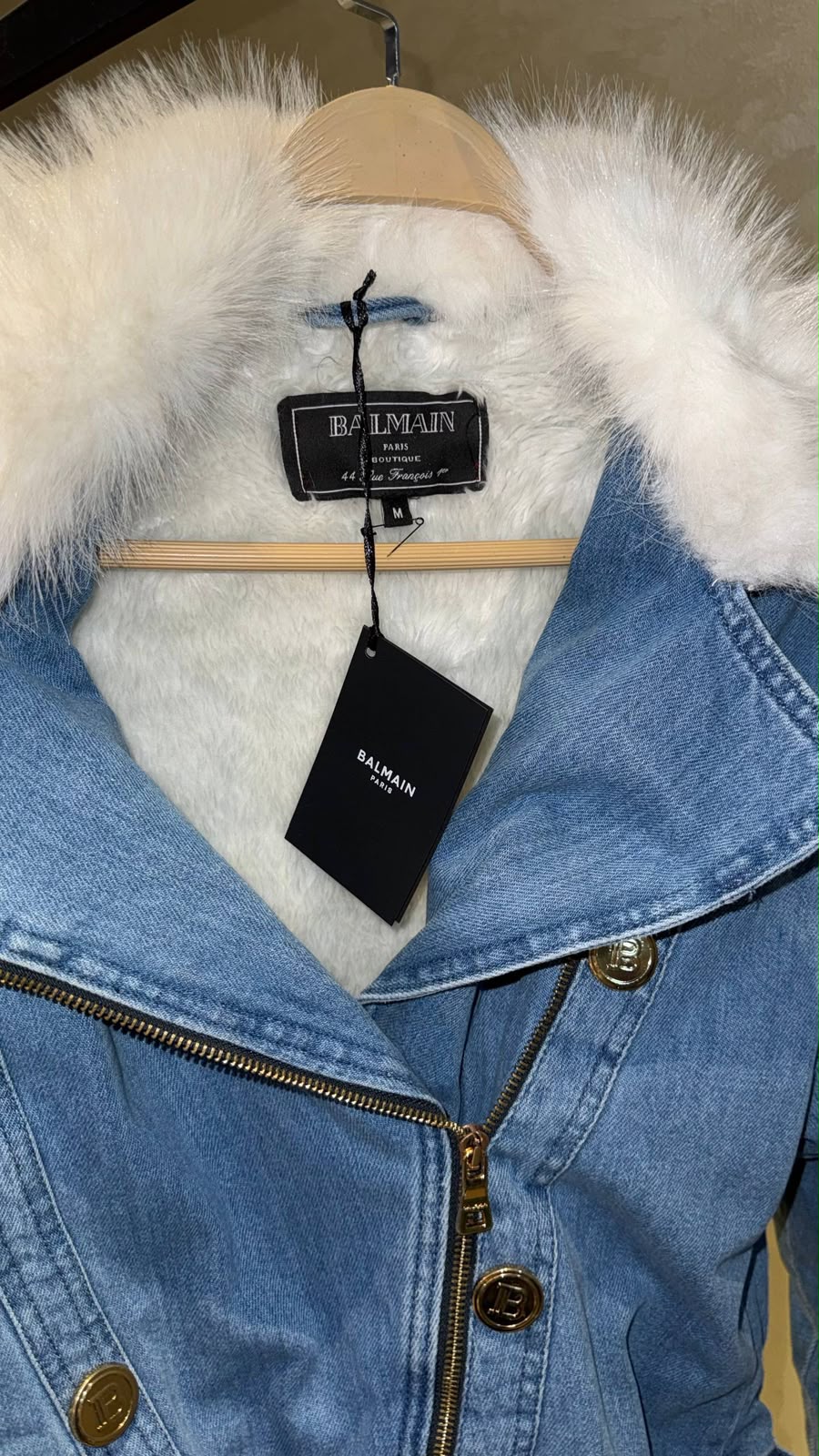 Balmain Faux Fur-Trim Denim Biker Jacket