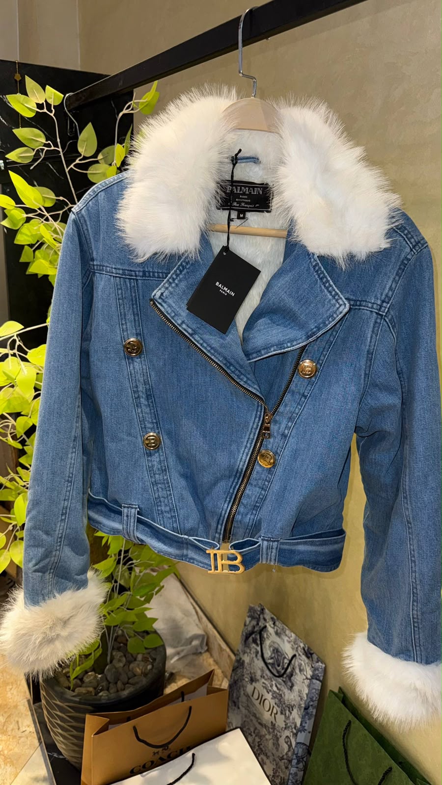 Balmain Faux Fur-Trim Denim Biker Jacket