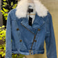 Balmain Faux Fur-Trim Denim Biker Jacket
