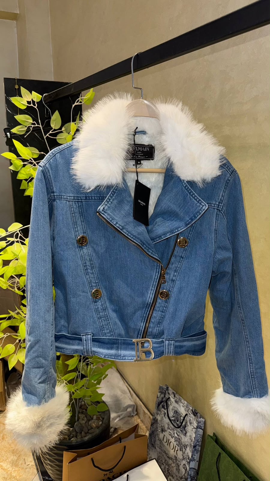 Balmain Faux Fur-Trim Denim Biker Jacket