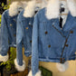 Balmain Faux Fur-Trim Denim Biker Jacket