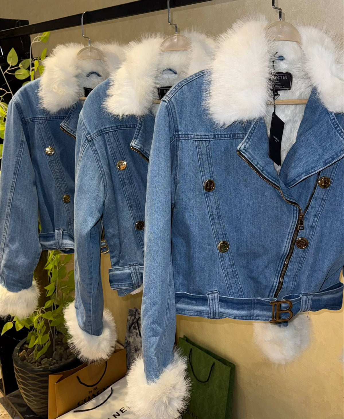 Balmain Faux Fur-Trim Denim Biker Jacket
