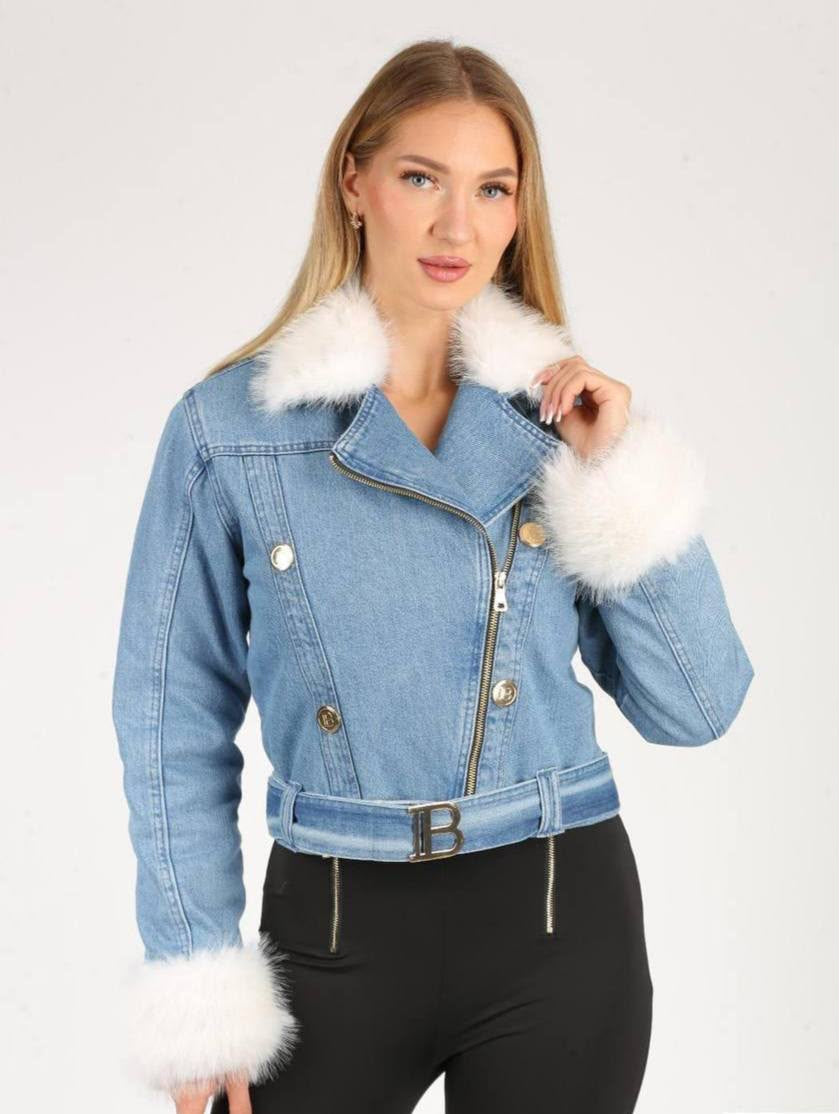 Balmain Faux Fur-Trim Denim Biker Jacket