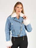 Balmain Faux Fur-Trim Denim Biker Jacket